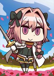 Rule 34 | 1boy, astolfo (fate), braid, chibi, fate/grand order, fate (series), hair intakes, holding, holding sword, holding weapon, male focus, official art, pink eyes, pink hair, riyo (lyomsnpmp), solo, star (symbol), sword, trap, weapon