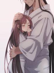 Rule 34 | 1boy, 1girl, black hair, blush, brown hair, commentary request, couple, earrings, closed eyes, fate/grand order, fate (series), height difference, hetero, highres, hug, husband and wife, jewelry, long hair, multiple earrings, robe, seeds328, smile, very long hair, white robe, xiang yu (fate), yu mei-ren (fate)