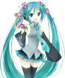 Rule 34 | 1girl, :d, aqua eyes, aqua hair, bad id, bad pixiv id, bare shoulders, black thighhighs, cowboy shot, detached sleeves, flower, goma (11zihisin), hair flower, hair ornament, hatsune miku, headset, holding, long hair, morning glory, necktie, open mouth, simple background, skirt, smile, solo, thigh gap, thighhighs, twintails, very long hair, vocaloid, white background