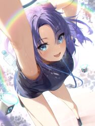 Rule 34 | 1girl, arm up, arms behind head, black footwear, black shirt, blue archive, blue buruma, blue eyes, bottle, breasts, buruma, commentary request, drone, full body, gym uniform, halo, hidulume, highres, id card, lanyard, long hair, looking at viewer, mechanical halo, medium breasts, official alternate costume, open mouth, purple eyes, purple hair, shirt, smile, solo, standing, standing on one leg, water bottle, yuuka (blue archive), yuuka (track) (blue archive)
