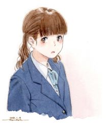 Rule 34 | 1girl, blue jacket, blue ribbon, blunt bangs, brown eyes, brown hair, collared shirt, copyright request, dated, horikou, jacket, looking at viewer, medium hair, neck ribbon, parted lips, ribbon, shirt, signature, solo, twintails, upper body, white background, white shirt, wing collar