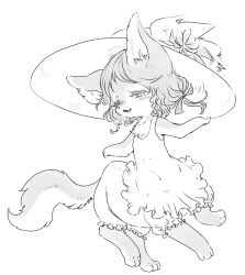 Rule 34 | 1girl, blush, body fur, centauroid, child, dress, fang, female focus, frilled dress, frills, full body, furry, furry female, hat, low twintails, monochrome, monster girl, oage (delayorgan), original, short twintails, solo, taur, twintails