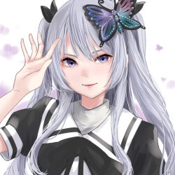 Rule 34 | 1girl, arm at side, assault lily, black ribbon, butterfly hair ornament, closed mouth, commentary request, cropped jacket, grey hair, hair between eyes, hair ornament, hair ribbon, hand up, highres, imagawa homare, light smile, long hair, looking at viewer, neck ribbon, puffy short sleeves, puffy sleeves, purple eyes, ribbon, school uniform, shirt, short sleeves, sidelocks, solo, two side up, upper body, urutsu sahari, white background, white shirt, yurigaoka girls academy school uniform