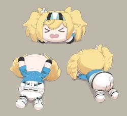 Rule 34 | &gt; &lt;, 1girl, ass, blonde hair, character doll, doll, closed eyes, faker ktd, gambier bay (kancolle), gloves, grey background, headband, kantai collection, lying, merchandise, nesoberi, on back, on stomach, shouting, stuffed toy, twintails