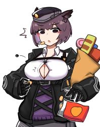 Rule 34 | 1girl, absurdres, animal ears, arknights, bag, bag of chips, beret, bingbingzi, black gloves, black hat, black jacket, breasts, bursting breasts, button gap, chips (food), clear ice, cleavage, collared shirt, dress shirt, dur-nar (arknights), flying button, food, fox ears, gloves, hat, highres, holding, holding food, jacket, large breasts, long sleeves, open mouth, paper bag, popped button, potato chips, purple hair, shirt, short hair, simple background, snack, solo, upper body, white background, white shirt