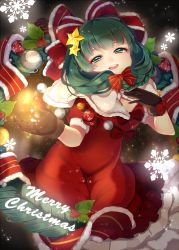 Rule 34 | 1girl, bow, christmas, christmas ornaments, dress, front ponytail, gloves, glowing, green eyes, green hair, hair bow, hair ornament, hair ribbon, highres, holly, kagiyama hina, matching hair/eyes, merry christmas, open mouth, red dress, ribbon, satomachi, smile, snowflakes, solo, sparkle, star (symbol), star hair ornament, touhou