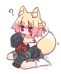 Rule 34 | 1girl, ?, animal ear fluff, animal ears, black cardigan, blonde hair, bow, bowtie, cardigan, collarbone, collared shirt, cosplay, fox ears, fox girl, fox tail, full body, grey skirt, hair bun, hand up, highres, kemomimi-chan (naga u), long sleeves, miniskirt, naga u, naga u-chan, naga u-chan (cosplay), no mouth, no shoes, off shoulder, original, pleated skirt, red bow, red bowtie, red eyes, revision, school uniform, shirt, short hair, simple background, single bare shoulder, single hair bun, sitting, skirt, sleeves past fingers, sleeves past wrists, socks, solo, tail, thick eyebrows, wariza, white background, white shirt, white socks
