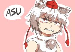 Rule 34 | 1girl, angry, animal ears, clenched teeth, dog ears, fangs, hat, inubashiri momiji, kapiten70, pink background, pom pom (clothes), profanity, red eyes, short hair, simple background, solo, teeth, tokin hat, touhou, white hair, wolf ears