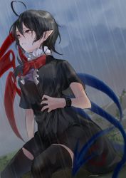 Rule 34 | 1girl, :/, ahoge, asymmetrical wings, black dress, black hair, black thighhighs, blue wings, blush, bow, bowtie, breasts, buttons, center frills, clothes grab, cloud, cloudy sky, dress, footwear bow, frilled dress, frills, full body, hair between eyes, highres, houjuu nue, looking to the side, makita (vector1525), medium breasts, pointy ears, rain, red bow, red bowtie, red eyes, red footwear, red wings, short dress, short hair, short sleeves, sitting, sky, thighhighs, touhou, wet, wet clothes, wet hair, wings, wristband, zettai ryouiki
