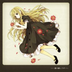Rule 34 | 1girl, alternate hair length, alternate hairstyle, anzu (o6v6o), bare arms, beige background, black border, black dress, black eyes, black footwear, blonde hair, border, bow, buttons, dress, flower, full body, gumi, hair flower, hair ornament, long hair, lying, mary janes, on side, original, pantyhose, petals, puffy short sleeves, puffy sleeves, red flower, rounded corners, shoes, short sleeves, solo, song name, vocaloid, yellow background, yellow bow, yellow pantyhose