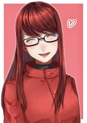 Rule 34 | 1girl, :d, absurdres, black-framed eyewear, border, closed eyes, coat, facing viewer, glasses, heart, highres, long hair, open mouth, outline, outside border, persona, persona 5, persona 5 the royal, red coat, red hair, reonzeee0120, smile, solo, spoilers, straight hair, swept bangs, very long hair, white border, yoshizawa kasumi