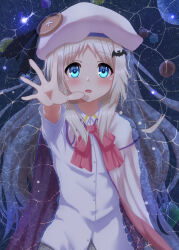 Rule 34 | 1girl, absurdres, bat hair ornament, beret, black ribbon, blue eyes, blush, bow, capelet, commentary request, dress shirt, eyelashes, flat chest, floating hair, from above, grey hair, hair ornament, hat, hat ribbon, highres, kud wafter, little busters!, long hair, looking at viewer, mashiroken07, noumi kudryavka, open mouth, outstretched arm, parted bangs, partially submerged, pink bow, reaching, reaching towards viewer, ribbon, school uniform, shirt, solo, straight-on, upper body, very long hair, white capelet, white hat, white shirt