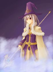 Rule 34 | 1girl, cloak, fog, hat, original, r-sylph, red eyes, solo, staff, white hair, witch hat