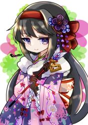 Rule 34 | 1girl, abstract background, akemi homura, alternate costume, arrow (projectile), back bow, black gloves, black hair, black kimono, bow, commentary request, cow, floral background, floral print, flower, frilled sleeves, frills, fur-trimmed kimono, fur trim, furisode, gloves, hair between eyes, hair bow, hair flower, hair ornament, hairband, highres, holding, holding arrow, japanese clothes, jitome, kimono, long hair, long sleeves, mahou shoujo madoka magica, mahou shoujo madoka magica (anime), pink kimono, purple eyes, red bow, smile, solo, spider lily, tag, teruna (artist), two-tone kimono, white background