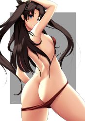 Rule 34 | 1girl, alternate costume, arm up, armpits, ass, back, bikini, black hair, black ribbon, blue eyes, butt crack, closed mouth, commission, cowboy shot, fate/stay night, fate (series), from behind, hair ribbon, highres, long hair, looking at viewer, looking back, red bikini, ribbon, smile, solo, swimsuit, tohsaka rin, tony guisado, two side up, untied bikini