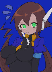 Rule 34 | 1girl, absurdres, aile (mega man zx), black bodysuit, blue background, blue jacket, bodysuit, bodysuit under clothes, breasts, brown hair, buzzlyears, cropped jacket, expressive hair, green eyes, highres, jacket, large breasts, long hair, looking at viewer, mega man (series), mega man zx, mega man zx advent, open clothes, open jacket, ponytail, simple background, solo, tearing up, upper body