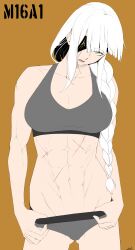 Rule 34 | 1girl, abs, absurdres, breasts, eyepatch, girls&#039; frontline, highres, large breasts, m16a1 (boss) (girls&#039; frontline), m16a1 (girls&#039; frontline), open clothes, orange background, scar, scar on stomach, smolxeno, underwear, white hair, yellow eyes