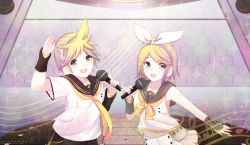 Rule 34 | 1boy, 1girl, absurdres, black sailor collar, black shorts, black sleeves, blonde hair, brother and sister, collarbone, detached sleeves, green eyes, hair ornament, hairband, hairclip, highres, holding, holding microphone, kagamine len, kagamine rin, lawnielle, looking at viewer, microphone, midriff, miniskirt, necktie, pleated skirt, sailor collar, shirt, short hair, short sleeves, shorts, siblings, skirt, sleeveless, sleeveless shirt, stage, stomach, swept bangs, vocaloid, white hairband, white shirt, white skirt, yellow neckwear