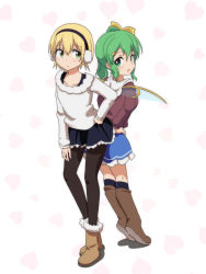Rule 34 | 2girls, :d, alternate costume, ankle boots, back-to-back, black legwear, blonde hair, boots, bow, brown footwear, casual, cato (monocatienus), contemporary, daiyousei, earmuffs, fur boots, green eyes, green hair, hair bow, hair ornament, hair ribbon, hairclip, hand on own hip, knee boots, long hair, looking at viewer, lunasa prismriver, multiple girls, open mouth, pantyhose, pleated skirt, ribbon, short hair, side ponytail, skirt, smile, tiptoes, touhou, wings