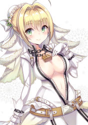Rule 34 | 10s, 1girl, ahoge, bad id, bad pixiv id, blonde hair, breasts, bridal veil, chain, cleavage, fate/extra, fate/extra ccc, fate (series), flower, gloves, green eyes, hair bun, hair flower, hair intakes, hair ornament, jewelry, lock, looking at viewer, navel, necklace, nero claudius (bride) (fate), nero claudius (fate), nero claudius (fate) (all), simple background, single hair bun, smile, solo, veil, white background, white gloves, yuzu-aki, zipper