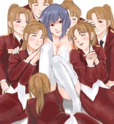Rule 34 | 00s, 6+girls, blue hair, blush, breasts, business suit, cleavage, clone, closed eyes, cyborg, dual persona, formal, ghost in the shell, ghost in the shell stand alone complex, hand on head, happy, harem, jacket, kusanagi motoko, large breasts, leaning on person, long hair, lowres, military operator, multiple girls, necktie, operator (gits), ponytail, red eyes, robot girl, short hair, skirt, skirt suit, smile, suit, thighhighs, white thighhighs, yuri