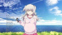 Rule 34 | 10s, 1girl, ^ ^, blush, breasts, camcorder, charlotte (anime), closed eyes, cloud, grin, happy, long hair, non-web source, ocean, outdoors, pregnant, pregnant edit, screencap, sky, smile, solo, spoilers, text focus, third-party edit, tomori nao, video camera