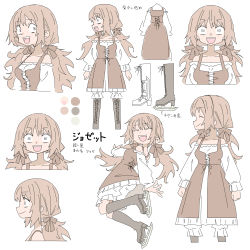 Rule 34 | 1girl, :d, absurdres, bare shoulders, bloomers, boots, bow, brown dress, brown hair, character sheet, color guide, dress, closed eyes, female focus, flat color, from side, hair bow, highres, ice skates, jumping, looking at viewer, low twintails, masikakuma, open mouth, original, profile, skates, smile, socks, solo, standing, twintails, underwear, wide-eyed