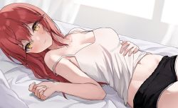 Rule 34 | 1girl, bare arms, bare shoulders, black shorts, breasts, camisole, cleavage, closed mouth, hand on own stomach, highres, kaetzchen, liliya (kaetzchen), long hair, looking at viewer, lying, medium breasts, midriff, navel, on back, original, red hair, shirt, short shorts, shorts, sleeveless, sleeveless shirt, smile, solo, spaghetti strap, stomach, strap slip, white shirt, yellow eyes