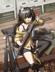 Rule 34 | 1girl, animal ear fluff, animal ears, assault rifle, bare shoulders, black hair, black legwear, cat ears, cat girl, cat tail, cheogtanbyeong, cosplay, fang, girls&#039; frontline, gloves, green eyes, gun, highres, holding, holding gun, holding weapon, indoors, karyl (princess connect!), long hair, looking at viewer, m16, m16a1, m16a1 (girls&#039; frontline), multicolored hair, off shoulder, open mouth, princess connect!, rifle, shorts, sitting, solo, streaked hair, submachine gun, sweatdrop, tail, very long hair, weapon, white hair