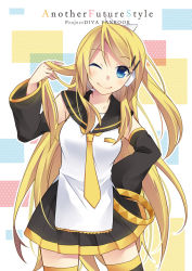 Rule 34 | 1girl, alternate breast size, alternate hair length, alternate hairstyle, black skirt, blonde hair, blue eyes, bow, detached sleeves, future style (module), hair bow, hair ornament, hairclip, kagamine rin, long hair, necktie, aged up, one eye closed, project diva (series), project diva f, sailor collar, side ponytail, skirt, smile, solo, tamura hiro, thighhighs, very long hair, vocaloid