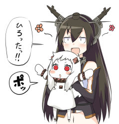 Rule 34 | &gt;:d, 10s, 2girls, :d, abyssal ship, black hair, blush stickers, carrying, colored skin, flower, horns, kantai collection, kurono nekomaru, long hair, mittens, multiple girls, nagato (kancolle), northern ocean princess, open mouth, red eyes, smile, translation request, v-shaped eyebrows, white hair, white mittens, white skin