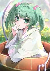 Rule 34 | 1girl, absurdres, bucket, commentary request, green eyes, green hair, green nails, hair bobbles, hair ornament, head tilt, highres, in bucket, in container, japanese clothes, kimono, kisume, leaning on object, looking at viewer, medium hair, nail polish, nyarocks, open mouth, solo, touhou, two side up, upper body, white kimono, wide sleeves, wooden bucket