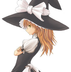 Rule 34 | 1girl, black hat, black shirt, blonde hair, blouse, crossed arms, female focus, from side, hat, kirisame marisa, oekaki, profile, shirt, simple background, solo, touhou, white background, witch, witch hat, yellow eyes
