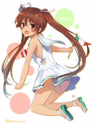 Rule 34 | 10s, 1girl, bare shoulders, blush, brown eyes, brown hair, dark-skinned female, dark skin, dress, fang, flag, from behind, from side, full body, hair ribbon, hat, kantai collection, libeccio (kancolle), long hair, looking at viewer, looking back, mishima kurone, open mouth, ribbon, sailor dress, simple background, sleeveless, smile, solo, twintails, twitter username
