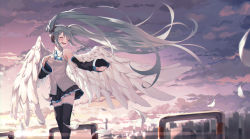 Rule 34 | 1girl, absurdres, blue hair, blush, building, cloud, detached sleeves, dustea, closed eyes, feathered wings, feathers, hair ornament, hatsune miku, highres, huge filesize, necktie, scenery, skirt, skyscraper, smile, sunset, thighhighs, twintails, vocaloid, wind, wings