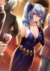 Rule 34 | 1girl, absurdres, arm behind back, blue hair, breasts, chinese commentary, claire rieveldt, cleavage, closed mouth, commentary request, cup, dress, drinking glass, eiyuu densetsu, elbow gloves, falcom, gloves, gun, hair between eyes, hair ornament, hair scrunchie, highres, holding, holding gun, holding weapon, hua-j, jewelry, large breasts, long hair, necklace, pink eyes, scrunchie, sen no kiseki, side ponytail, sleeveless, sleeveless dress, smile, snowflake hair ornament, solo focus, weapon