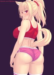 Rule 34 | 1girl, :p, animal ears, ass, back, bare shoulders, blonde hair, blush, breasts, cat girl, large breasts, long hair, looking back, nottytiffy, original, patreon username, ponytail, purple background, red eyes, shorts, smile, sportswear, tail, thighhighs, tiffy (nottytiffy), tongue, tongue out