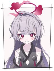Rule 34 | 1girl, bare shoulders, bell, blue archive, blush, clothing cutout, collarbone, detached sleeves, flat chest, grey hair, grey sleeves, halo, hanozuku, long hair, looking at viewer, open mouth, red halo, shuro (blue archive), solo, tears, upper body