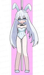 Rule 34 | 1girl, @ @, ahoge, alternate hairstyle, animal ears, black ribbon, blue eyes, blush, covered navel, date a live, detached collar, embarrassed, fake animal ears, highres, leotard, long hair, open mouth, playboy bunny, pole, rabbit ears, ribbon, solo, tobiichi origami, utakise315, white footwear, white hair
