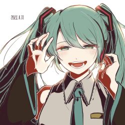 Rule 34 | 1girl, :d, bare shoulders, blush, collared shirt, commentary, dated, detached sleeves, green hair, green necktie, hair ornament, half-closed eyes, hands up, hatsune miku, highres, kiri (2htkz), long hair, long sleeves, looking at viewer, necktie, open mouth, shirt, simple background, smile, solo, symbol-only commentary, teeth, twintails, upper body, vocaloid, white background