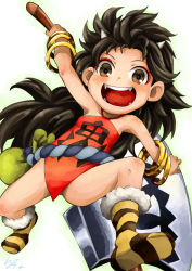 Rule 34 | 1girl, :d, axe, bare shoulders, black hair, blush, boots, bracelet, brown eyes, chinese clothes, collarbone, dudou, eyelashes, eyeliner, fangs, flat chest, holding, holding axe, holding weapon, horns, io naomichi, jewelry, long hair, makeup, oboro muramasa, oni, oni horns, open mouth, rajaki (oboro muramasa), rope, shimenawa, smile, solo, striped clothes, striped footwear, teeth, tongue, very long hair, weapon