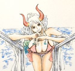 Rule 34 | 1girl, aqua hair, bikini, breasts, brown eyes, cleavage, closed mouth, curled horns, elbow rest, gamenamepuipui, green hair, hair ornament, head tilt, highres, horns, huge breasts, leaning forward, long hair, multicolored hair, multicolored horns, one piece, oni, pool ladder, red horns, shawl, sidelocks, skindentation, smile, solo, swimsuit, thigh gap, very long hair, water, white hair, yamato (one piece), yellow horns