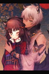 Rule 34 | 1boy, 1girl, animal ears, blush, brown hair, closed mouth, dark skin, detached sleeves, earrings, fur, hair ornament, highres, japanese clothes, jewelry, kayo (ken ga kimi), kei (ken ga kimi), ken ga kimi, letterboxed, long hair, looking at viewer, moyui (myi 005), obi, one eye closed, sash, single earring, smile, traditional clothes, white hair, yellow eyes