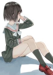 Rule 34 | 1girl, bob cut, brown eyes, brown hair, copyright request, from side, green shirt, green socks, hand up, long sleeves, luicent, parted lips, red footwear, sailor collar, shirt, shoes, short hair, simple background, sitting, socks, solo, white background, white sailor collar