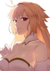 Rule 34 | 1girl, absurdres, antenna hair, archetype earth, arcueid brunestud, bare shoulders, blonde hair, breasts, cleavage, closed mouth, highres, large breasts, long hair, looking at viewer, moritaeaka, red eyes, simple background, smile, solo, tsukihime, upper body, white background