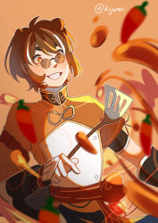 Rule 34 | 1boy, :d, absurdres, blurry, brown eyes, brown hair, chili pepper, chinese clothes, commentary, cooking, depth of field, english commentary, genshin impact, glasses, grin, guoba (genshin impact), hair between eyes, highres, holding, holding spatula, humanization, kijureii, looking up, motion blur, motion lines, multicolored hair, open mouth, red panda ears, short sleeves, sidelocks, smile, solo, spatula, streaked hair, thick eyebrows, twitter username, vision (genshin impact), wok