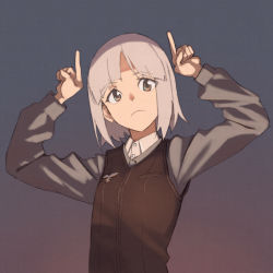 Rule 34 | 1girl, bob cut, brave witches, brown eyes, dark, edytha rossmann, faux traditional media, frown, gradient background, hand gesture, hands up, highres, horns pose, shiratama (hockey), short hair, silver hair, solo, texture, upper body, vest, world witches series