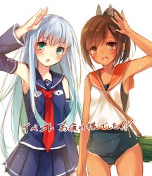 Rule 34 | 2girls, :d, :o, aoki hagane no arpeggio, armpits, blue hair, brown eyes, brown hair, crossover, detached sleeves, female focus, green eyes, highres, i-401 (kancolle), iona (aoki hagane no arpeggio), kantai collection, long hair, looking at viewer, multiple girls, name connection, one-hour drawing challenge, one-piece swimsuit, open mouth, pleated skirt, ponytail, salute, school swimsuit, short hair, skirt, smile, swimsuit, tan, tanline, toosaka asagi, white background