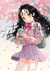 Rule 34 | 1girl, backpack, bag, black hair, blush, brown eyes, bubble tea, cardigan, cherry blossoms, cowboy shot, cup, cuteg, day, hair ornament, highres, holding, holding cup, long hair, original, outdoors, petals, pink cardigan, plaid, plaid skirt, pleated skirt, skirt, solo, spring (season), standing, thighhighs, tree, wavy hair, white thighhighs, zettai ryouiki