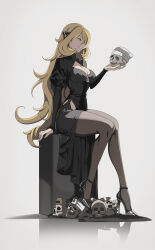 Rule 34 | beanie, black dress, blonde hair, bow, breasts, creatures (company), cynthia (pokemon), dress, full body, game freak, grey eyes, grey pantyhose, grin, hair bow, hair ornament, hat, high heels, highres, hip vent, holding, holding skull, large breasts, long hair, long sleeves, looking at object, nintendo, pantyhose, pokemon, pokemon dppt, sitting, skull, smile, thighs, very long hair, vivivoovoo, wavy hair